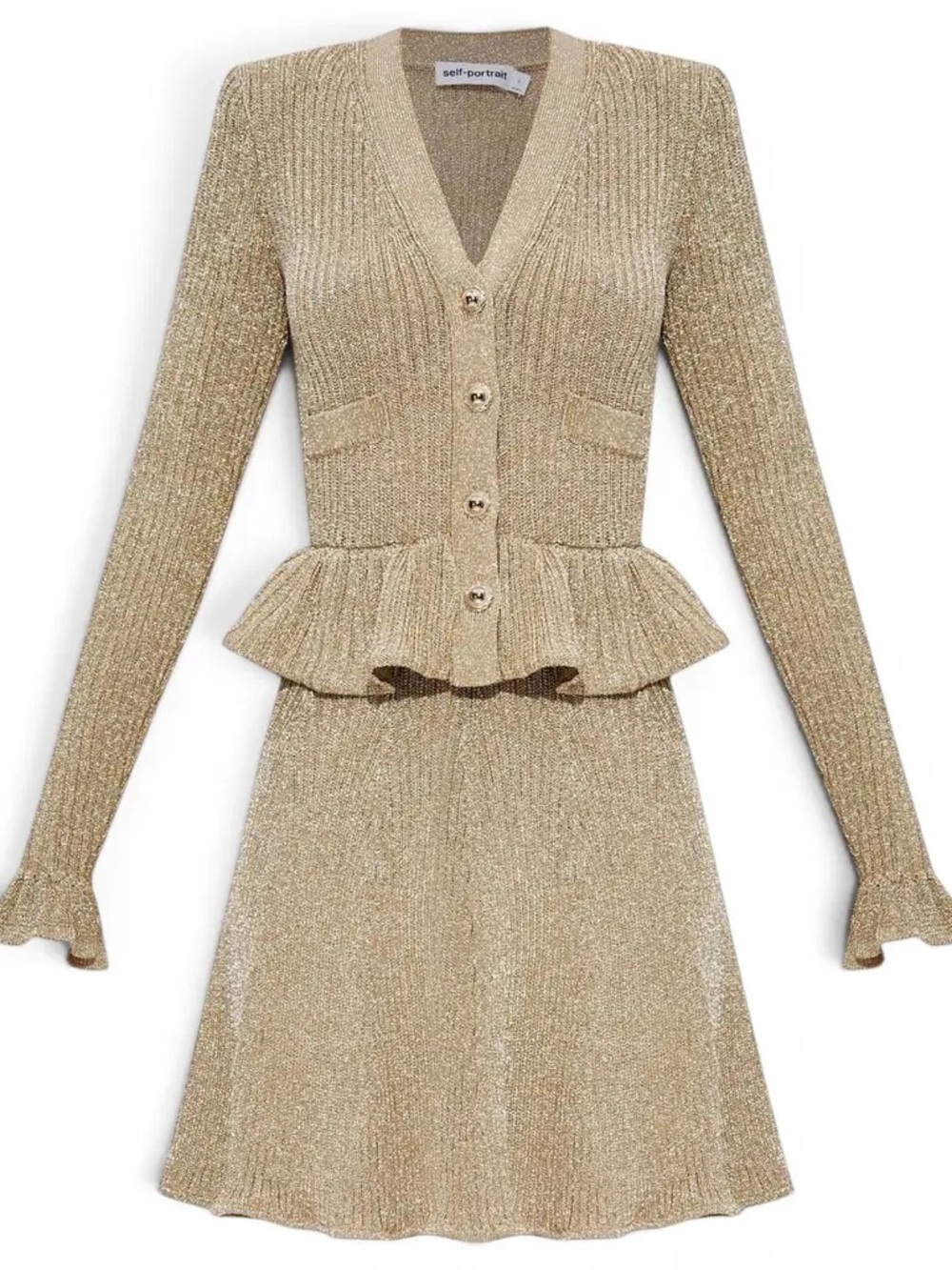 Self-Portrait Gold Lurex Peplum Long-Sleeve Dress